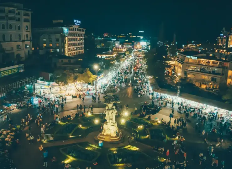 Aerial view of Da Lat Night Market and the city square lit at night
