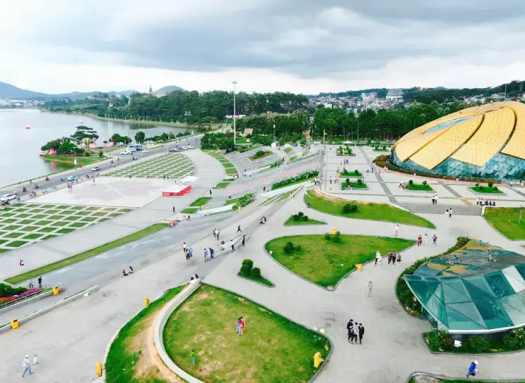 Aerial view over Lam Vien Square and central Da Lat