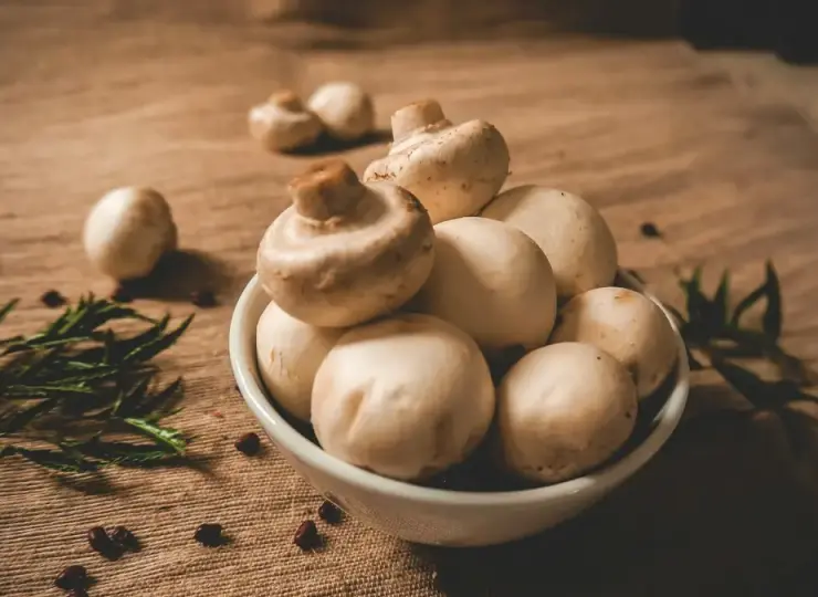 Brown mushrooms in a white ceramic bowl
