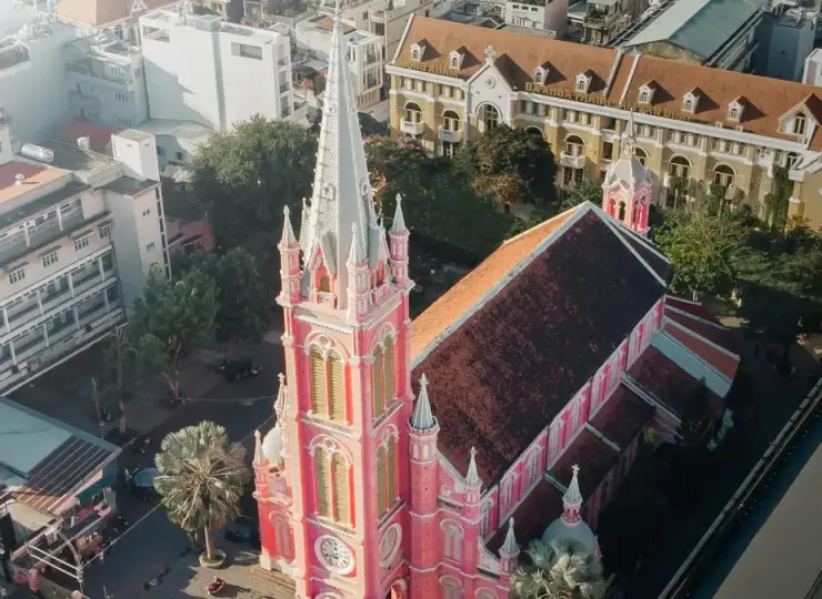 Aerial view of the pink Tan Dinh Church in Ho Chi Minh City