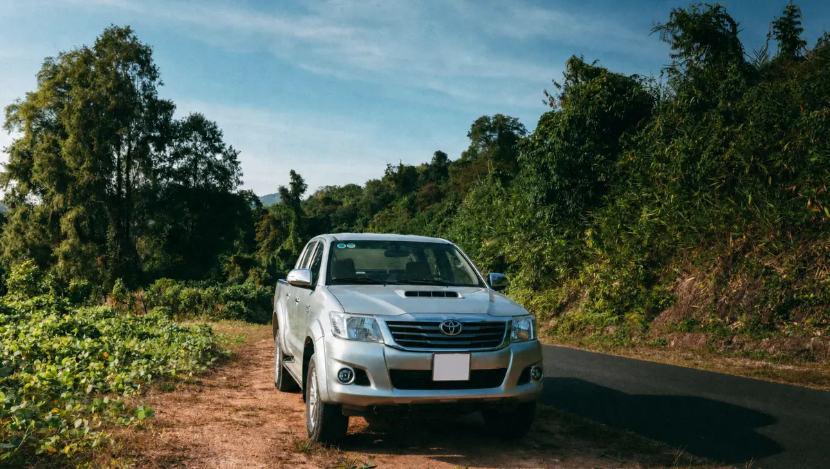 Private silver pickup truck on a quiet rural road in Vietnam