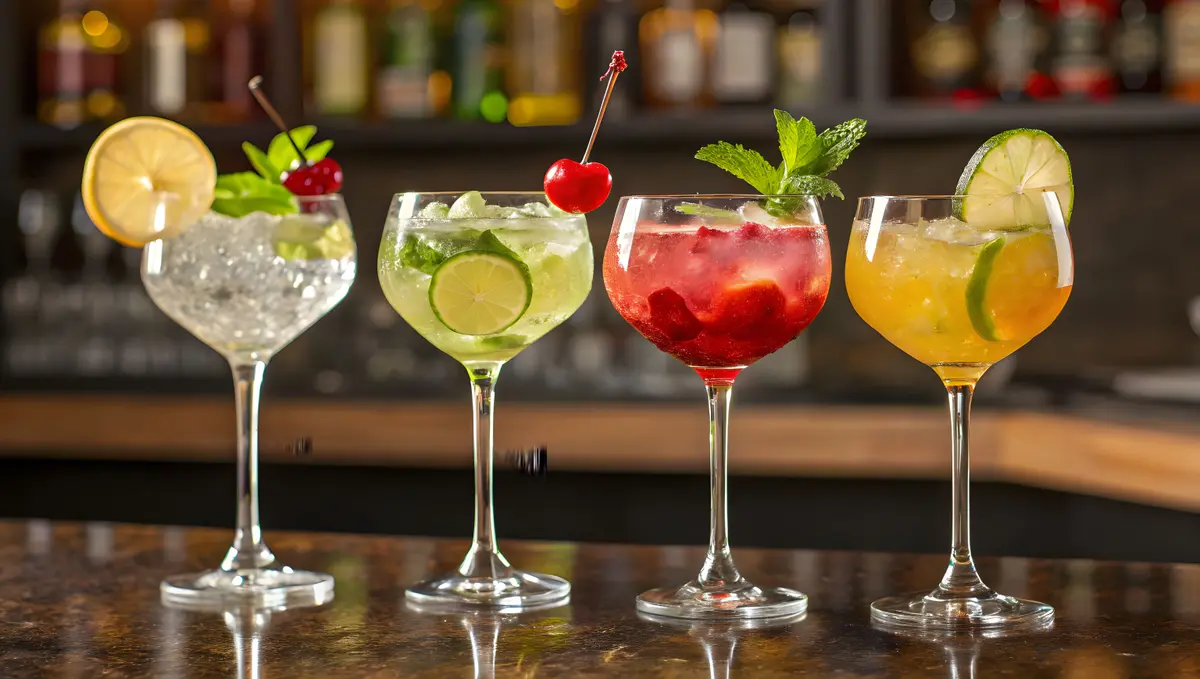 Four colorful cocktails with fruit garnishes on a bar counter