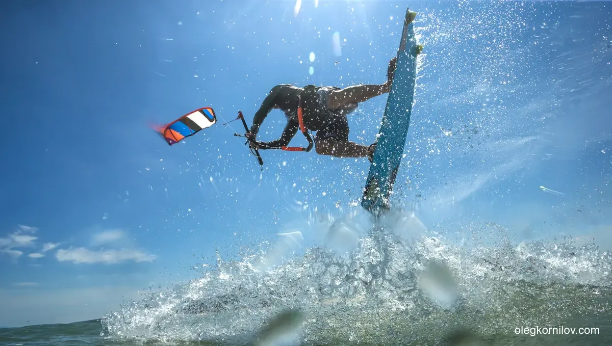 Kitesurfer controlling the bar and board during a powered maneuver