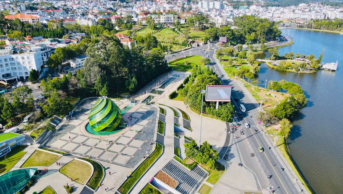 Aerial view of Da Lat city center and Xuan Huong Lake